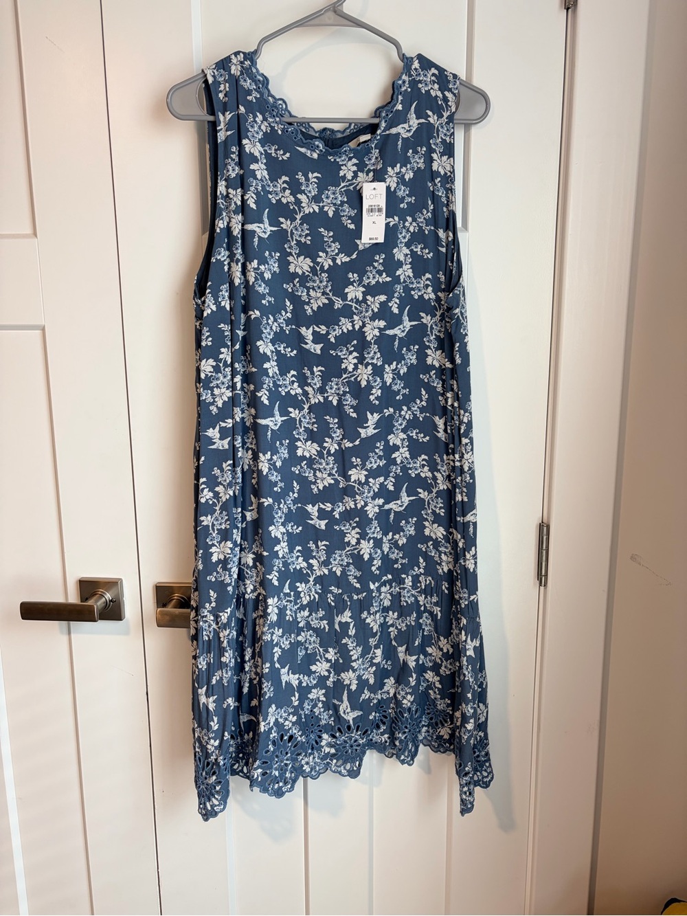LOFT Blue Floral Sleeveless Lace-Trim Midi Dress